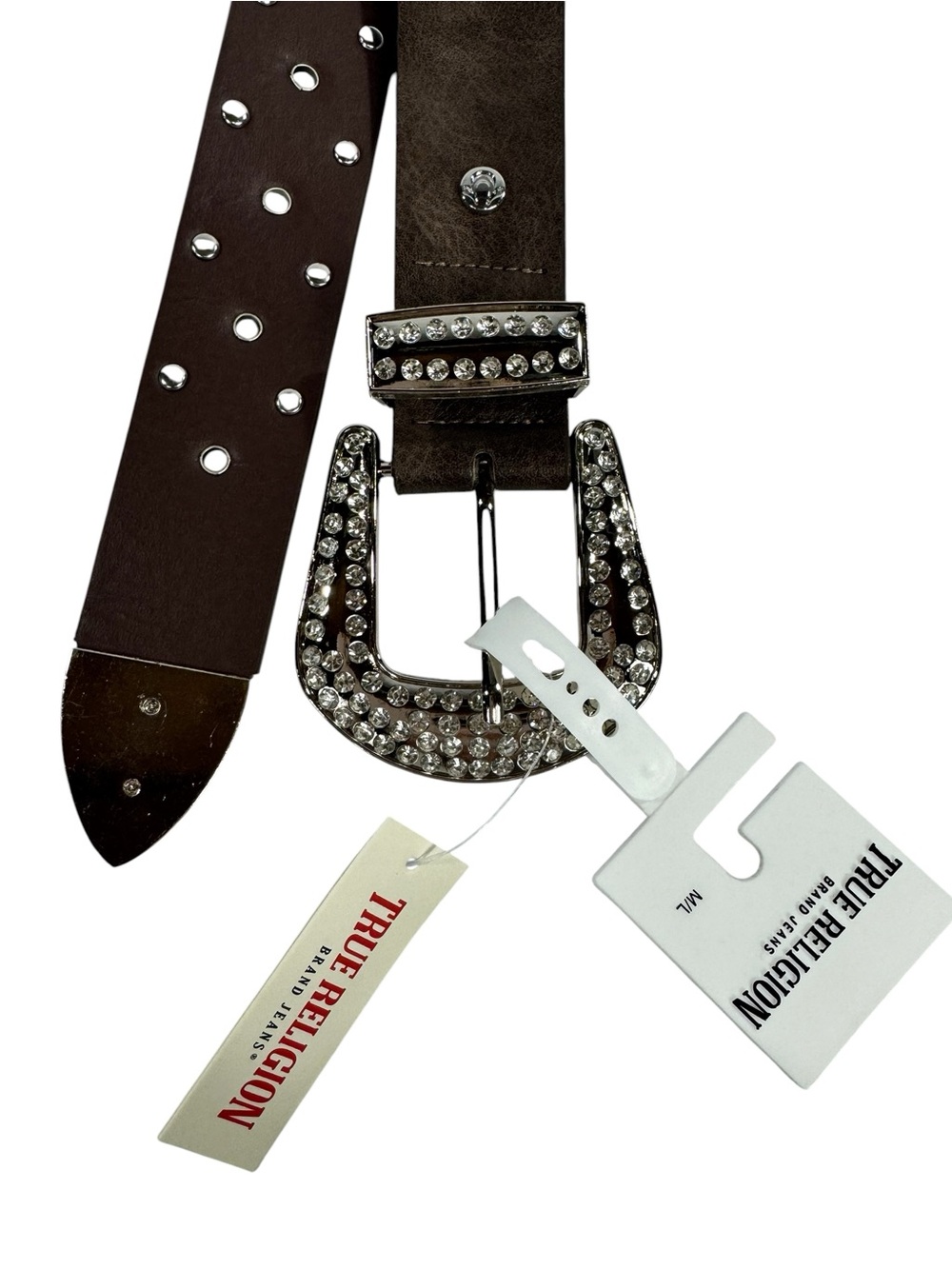 NWT True Religion Brown Crystal-Embellished Womens Leather Belt